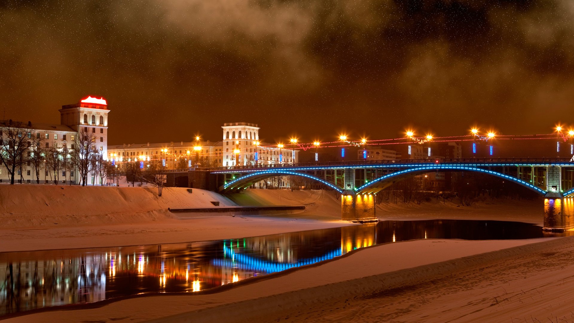 brücke fluss winternacht