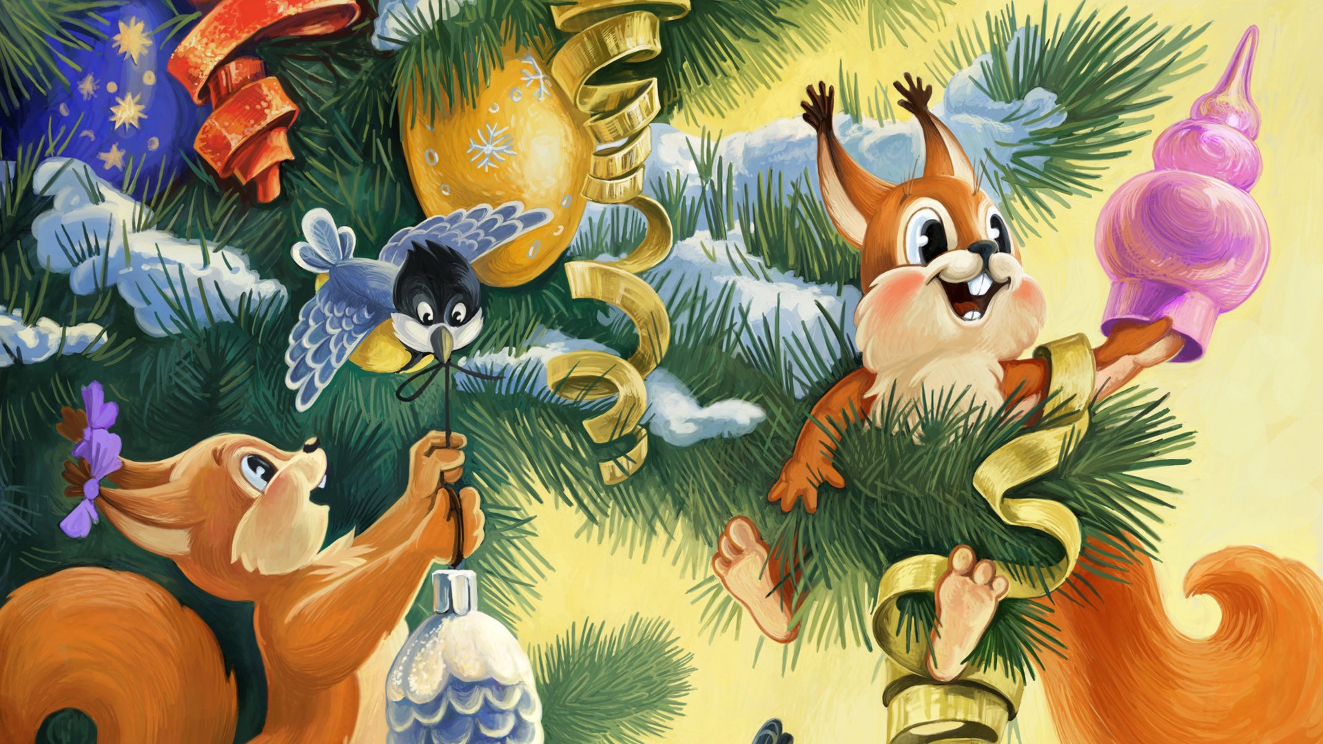 nouvel an jouets pluie écureuils mésange pomme de pin décorer arbre de noël sapin bonne année cartes postales soviétiques années 80 urss