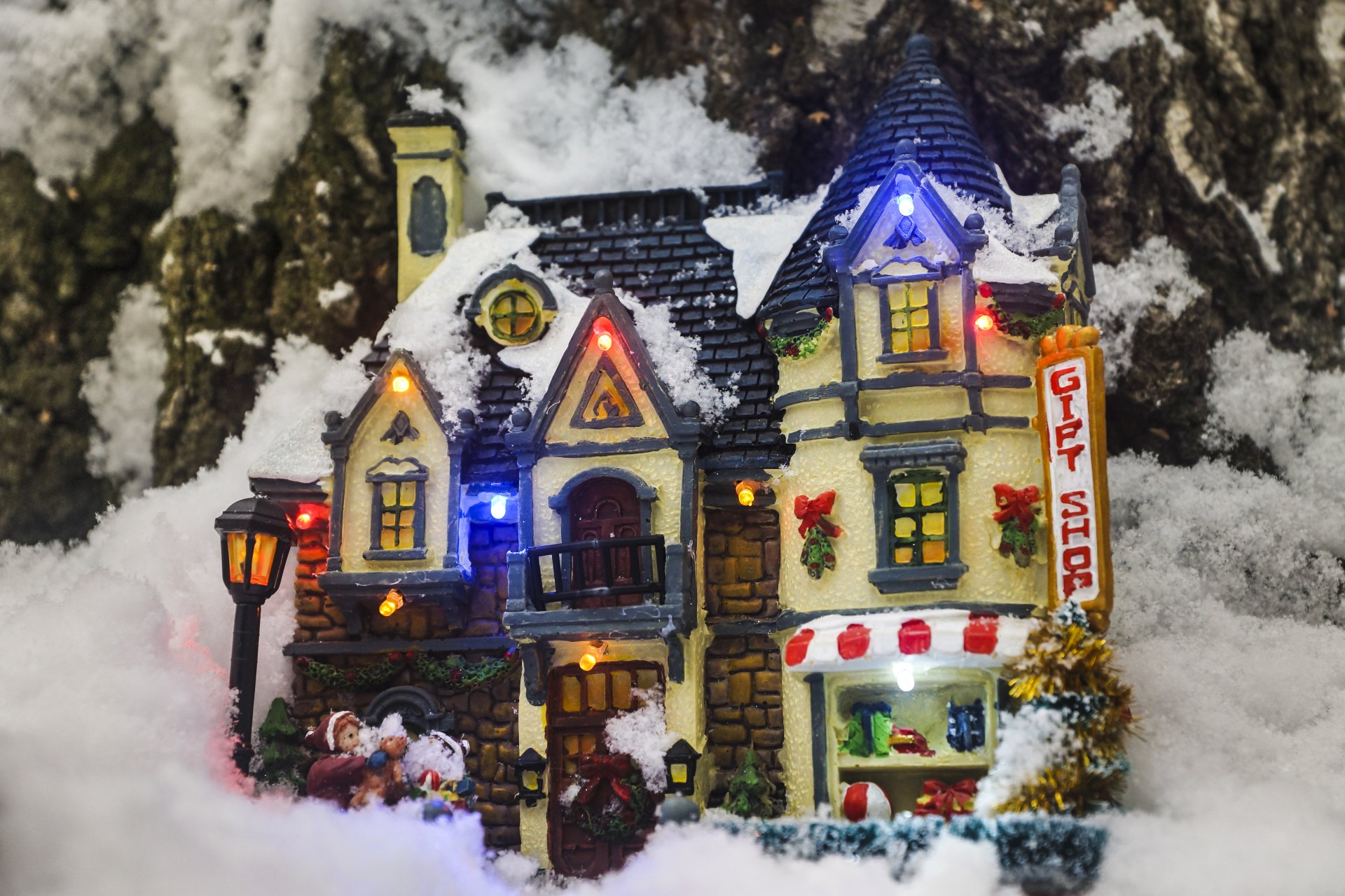 new year miniature toys composition snow tree land park holiday flashlights house hd wallpapers celebrity forest