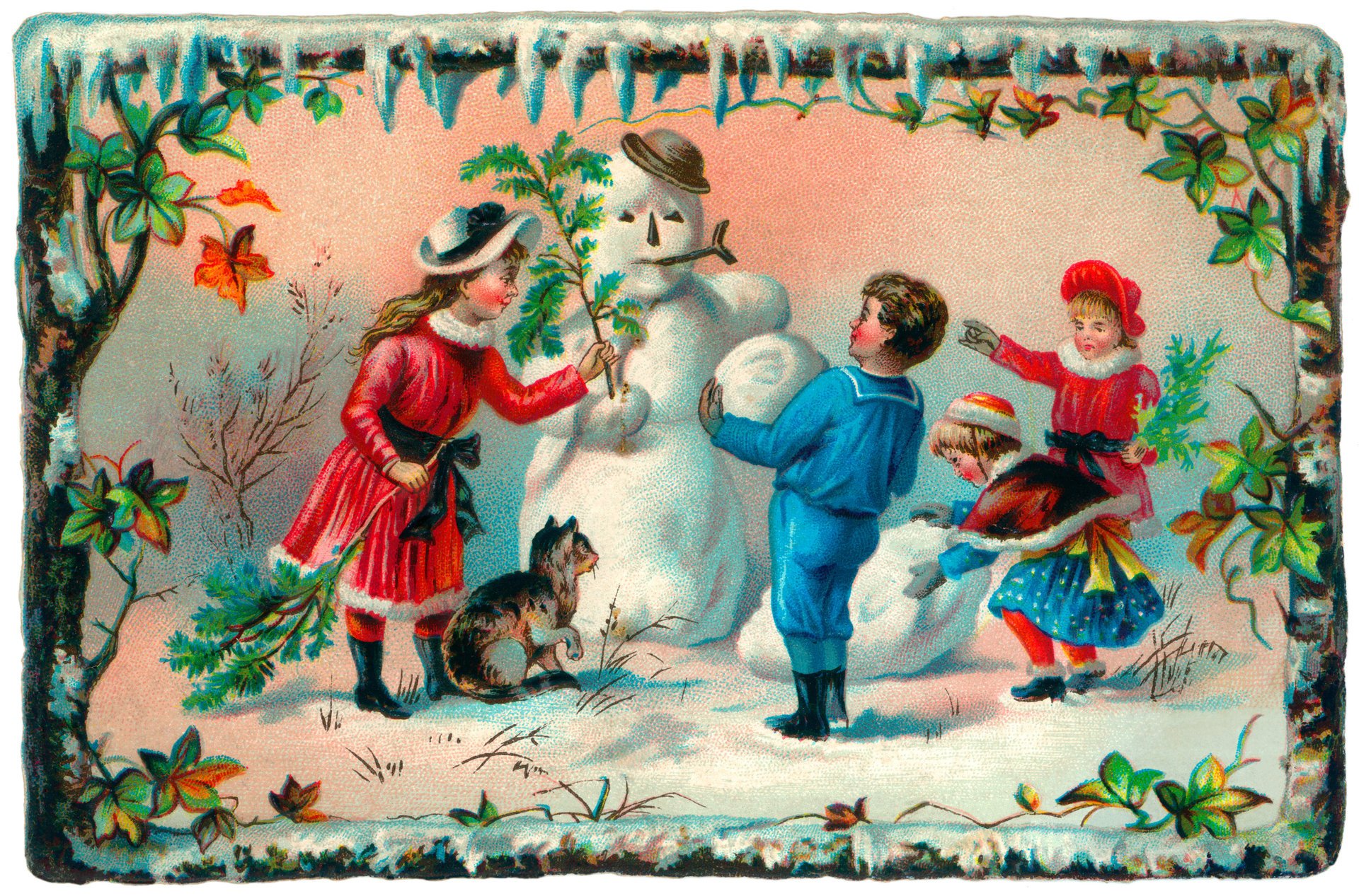 children girls boys cat snowman winter card