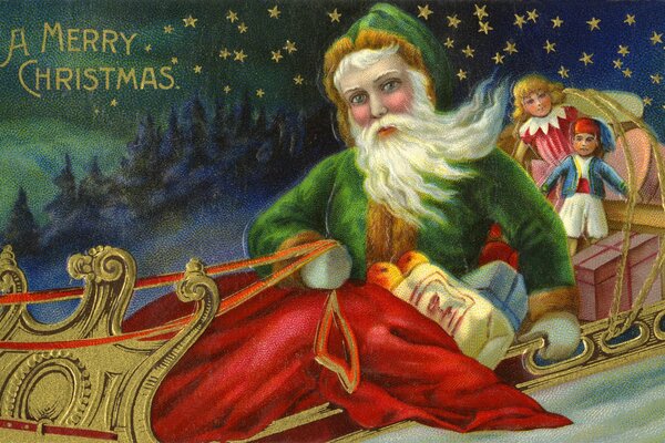 Санта Клаус везёт на санях игрушки детям