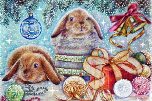 Picture hares under the Christmas tree in Christmas toys