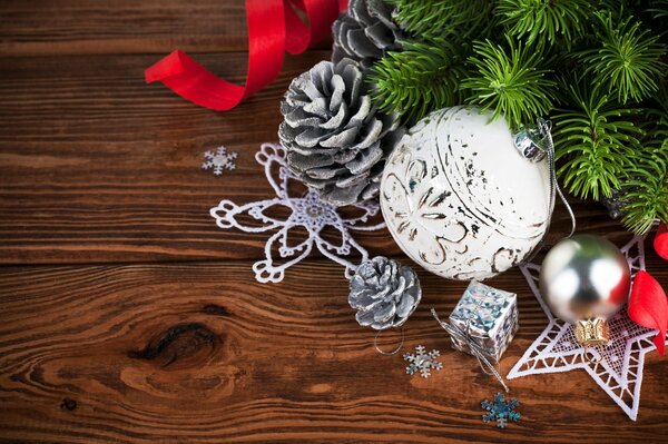 Christmas decorations on a wooden table