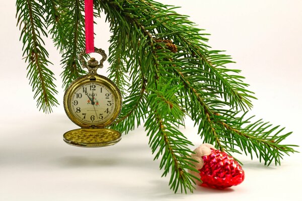 Orologio Da Tasca sul ramo dell albero di Natale