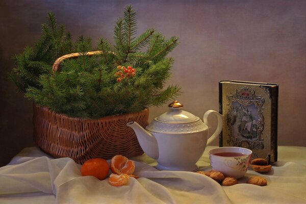 New Year s mood with tea and tangerines