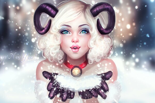 Art picture of a girl with horns blowing snowflakes