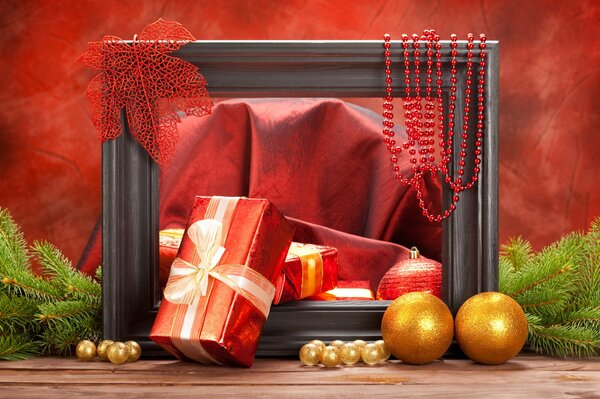 Composition of gifts and Christmas decorations