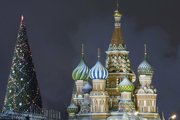 St. Basil s Cathedral in winter with a Christmas tree
