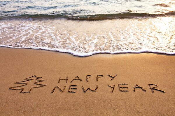 Saludos en la arena junto al mar feliz año nuevo