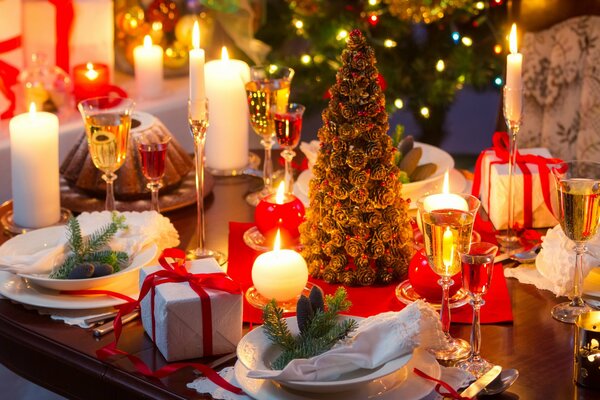 New Year s table with champagne poured into glasses