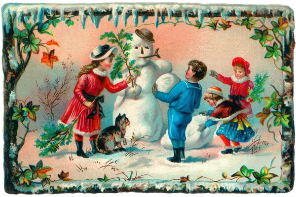 Старинная открытка с детьми и снеговиком