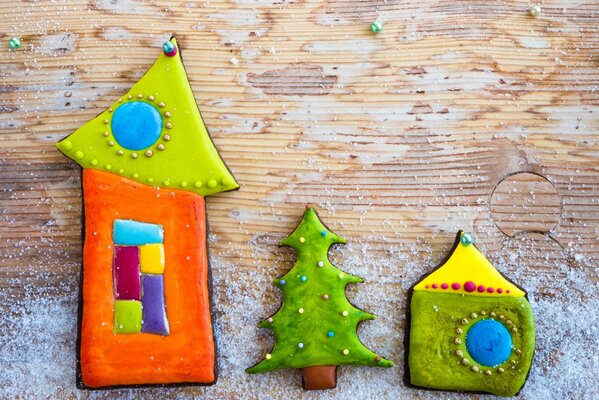 Яркие, рождественские игрушки : домики и елка