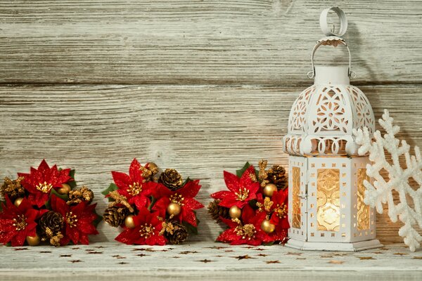 New Year s decor using a lantern and fir cones