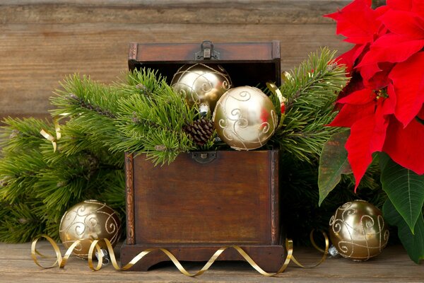 Christmas balls and a fir tree in a box