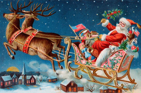 Santa Claus with gifts on reindeer