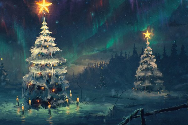 Christmas trees on the background of the northern lights