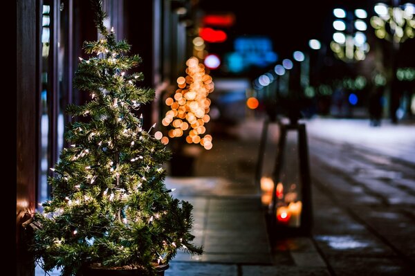 Evening street in the new year, Christmas tree and garlands