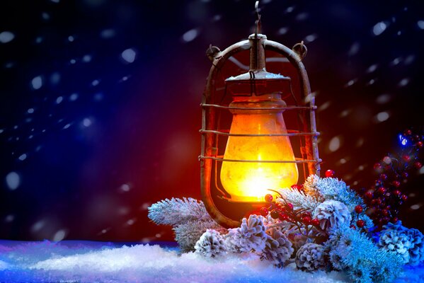 Festive decoration in winter lantern