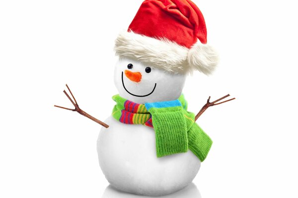 A snowman in a colored scarf and a red cap