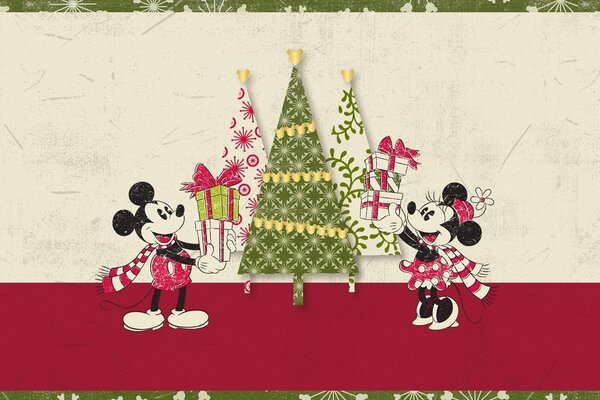 Mickey Mouse and Minnie at the Christmas tree with gifts