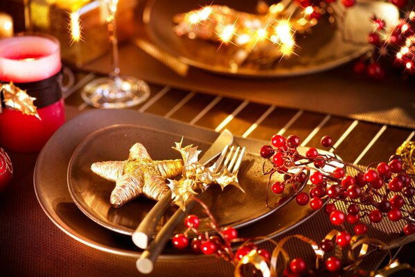 Festive table with red berries