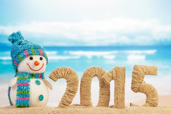 Knitted snowman on the beach on the background of the sea with the inscription 2015