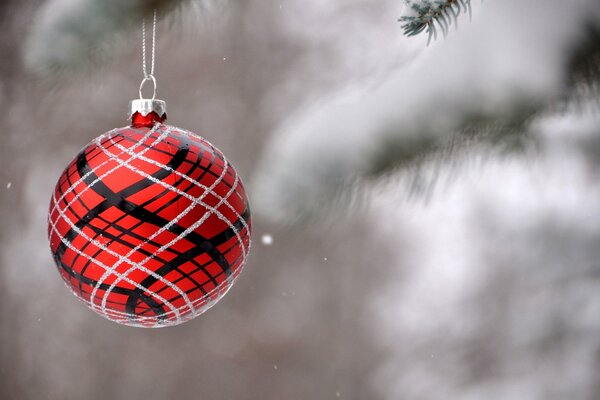 Bola roja de Navidad colgando en el árbol de Navidad