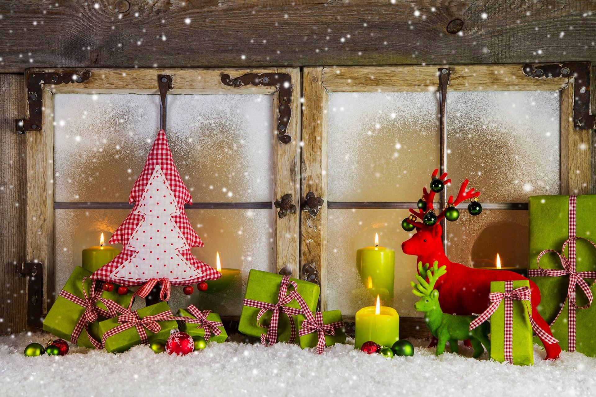 holiday window happy new year merry christmas christmas decoration balls gift box candles christmas tree snow winter holiday new year decorations balls gift christmas tree winter