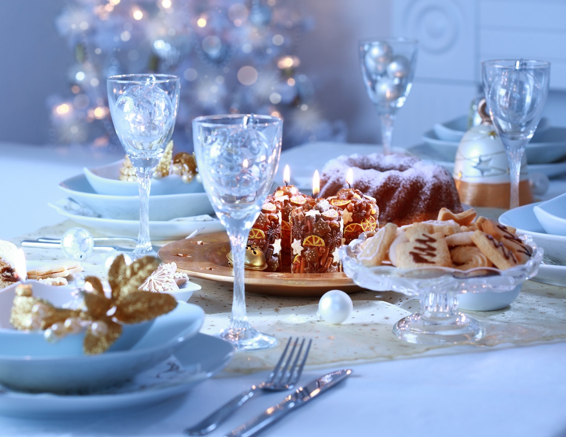 table festive plates glasses candles cookies cupcake cake pastries food christmas tree holidays winter new year christma