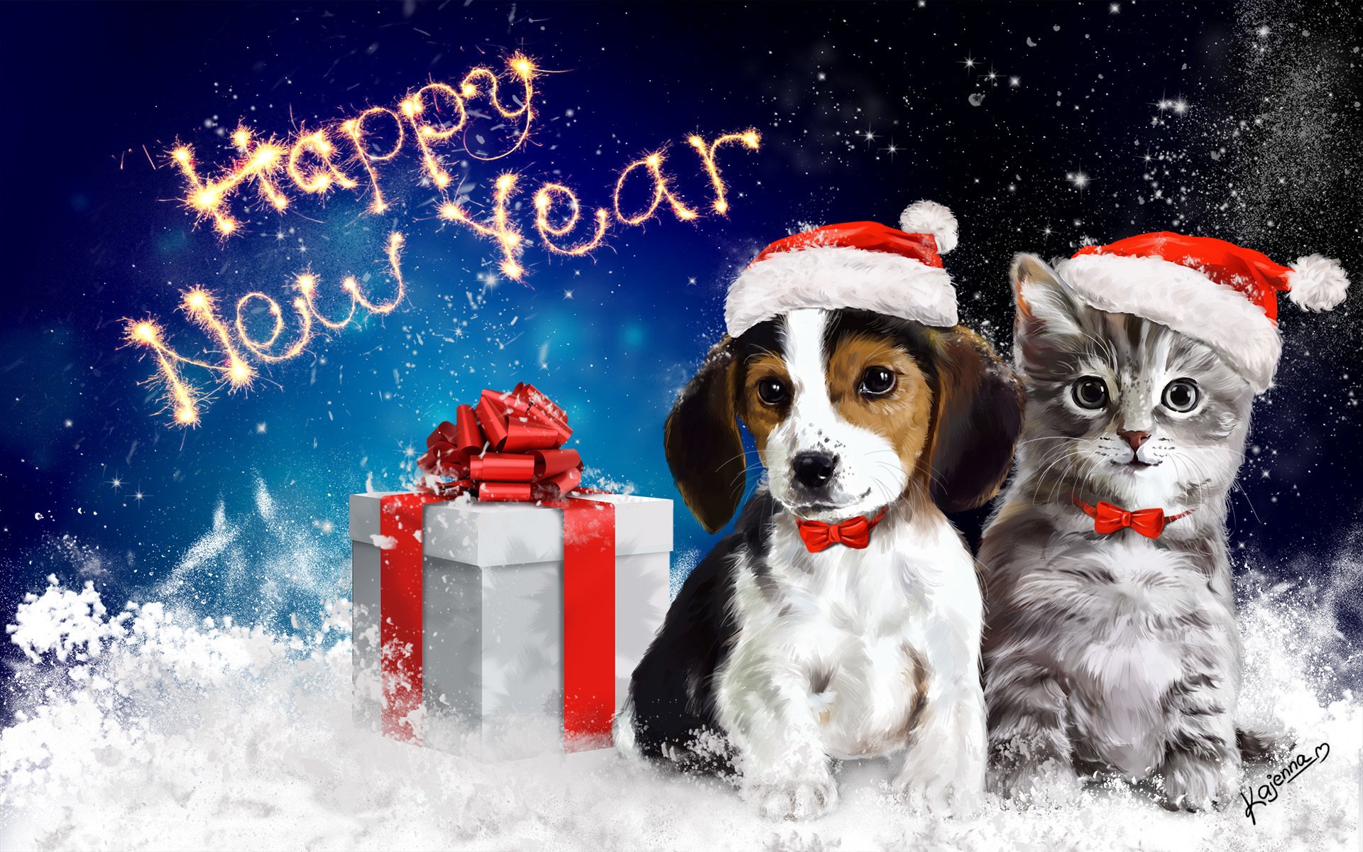 felice anno nuovo nuovo anno arte animali gatto cane regalo imballaggio fiocco neve