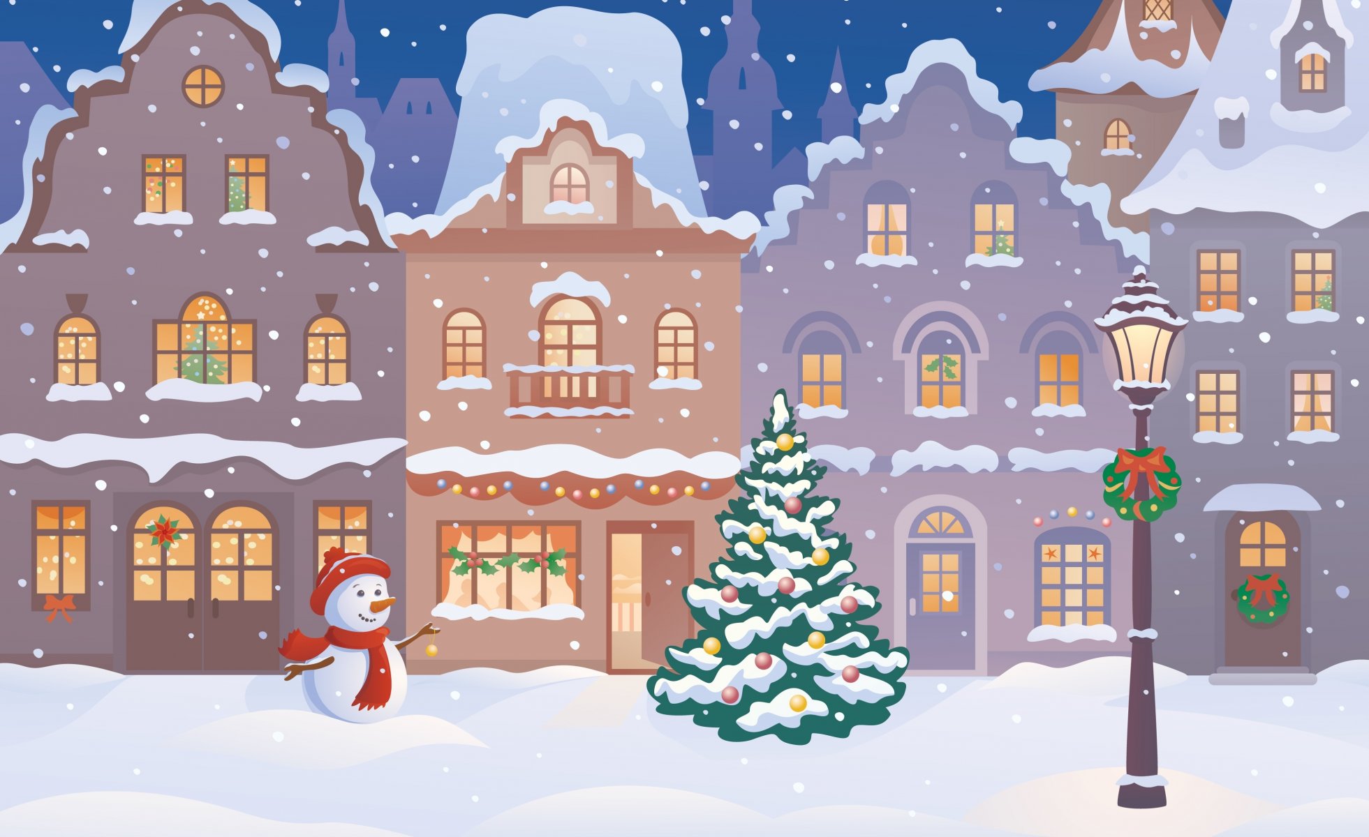 merry christmas christmas tree new year snowman snow houses town city winter house citie