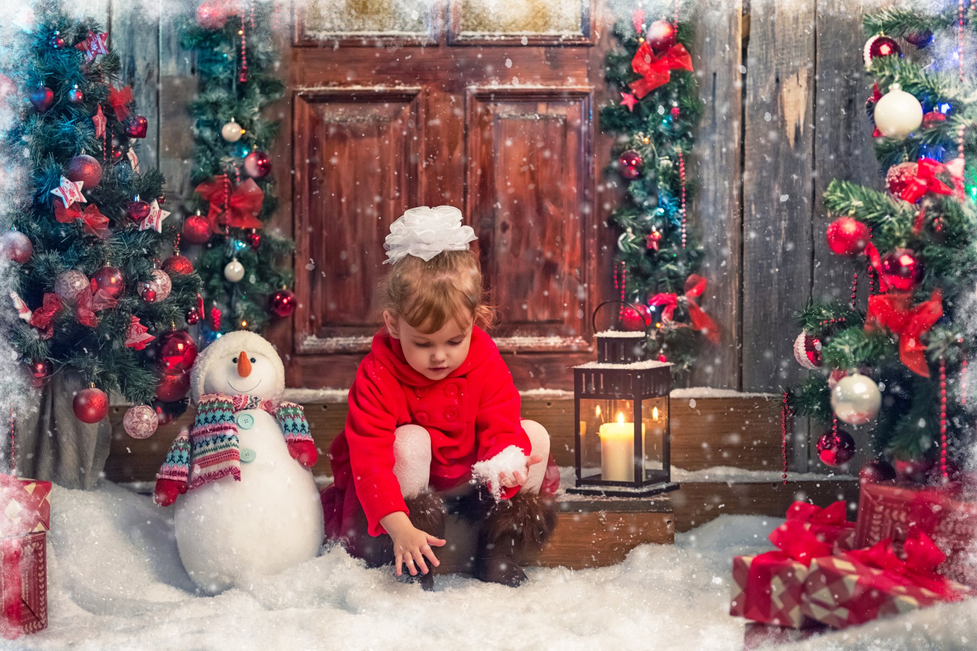 nouvel an enfants fille manteau arc bonhomme de neige arbre de noël jouets cadeaux neige bougie lanterne