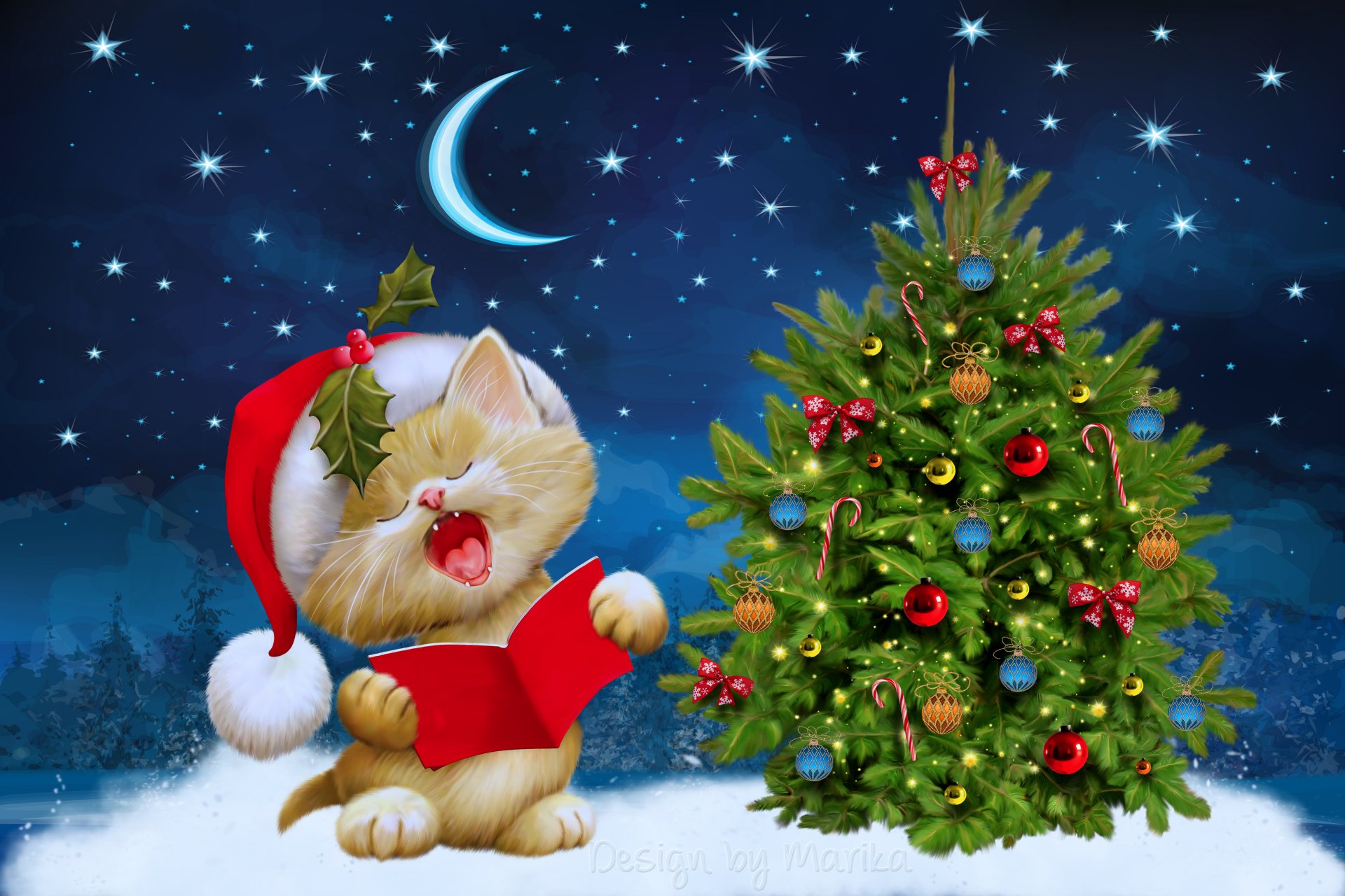 marika design merry christmas night tree kitten santa snow winter new year christmas eve moon stars winter christmas tree