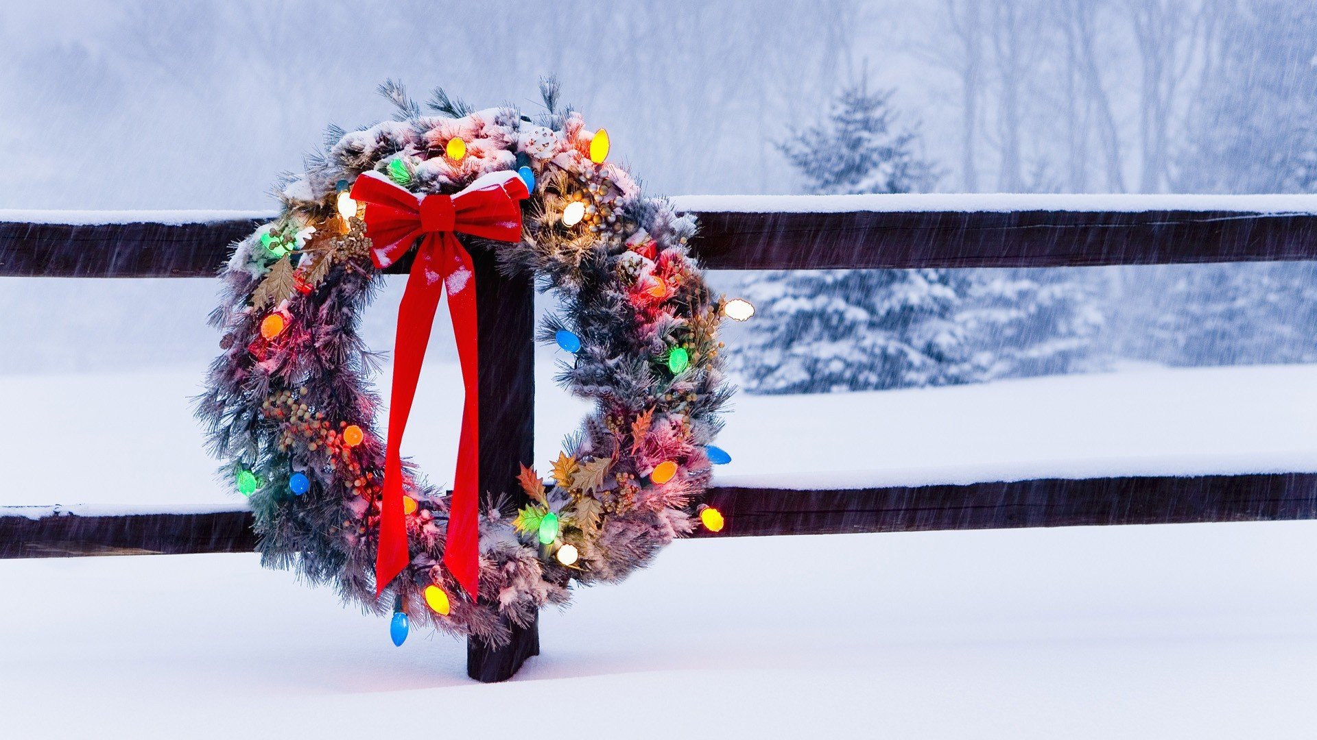 invierno vacaciones navidad cerca guirnalda bombillas cinta arco árboles