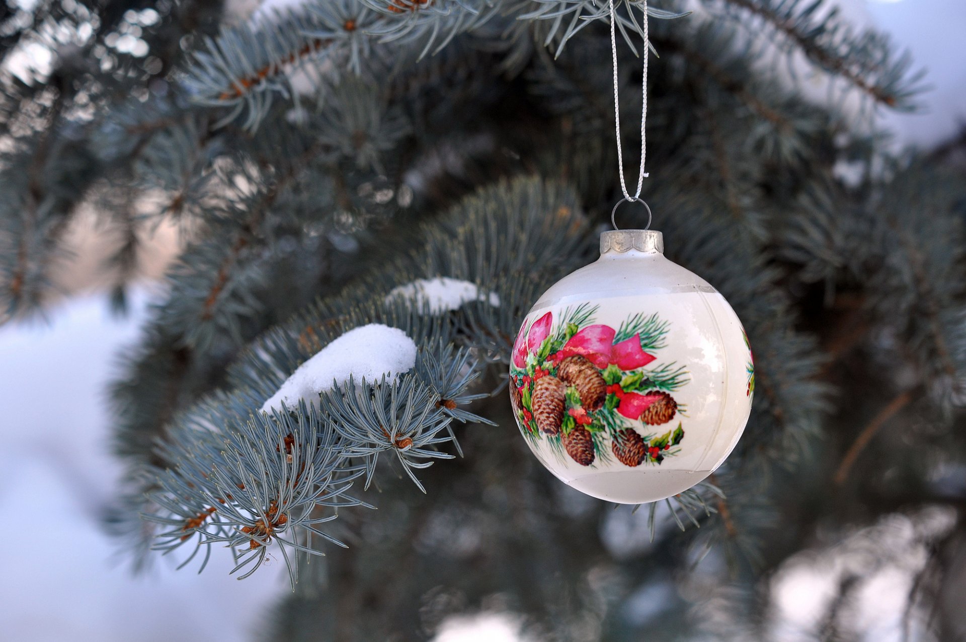 ball weiß zeichnung spielzeug weihnachtsbaum zweige fichte nadeln schnee winter neujahr weihnachten feiertage