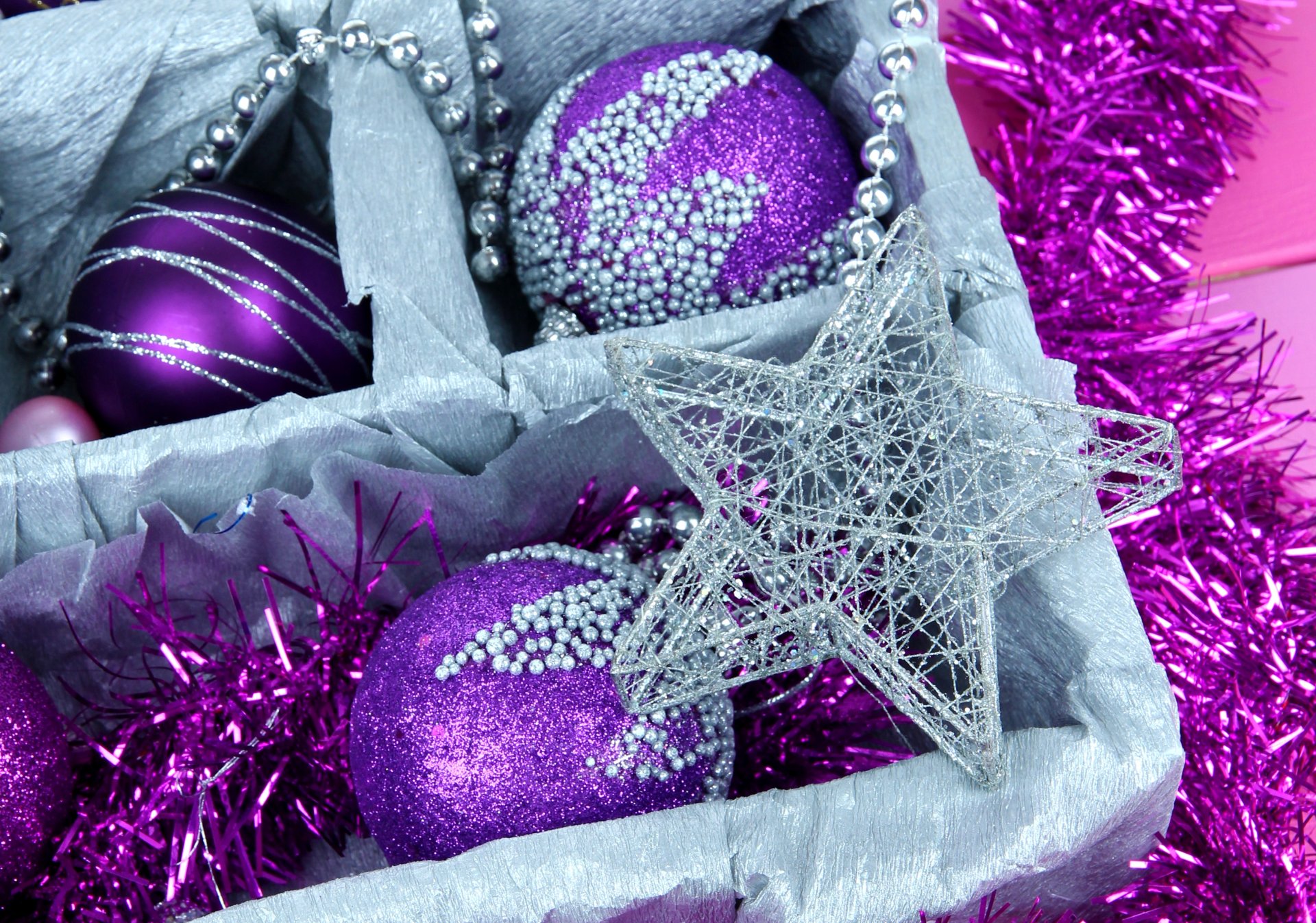 boules boules violet lilas étoile pluie tinsel boîte décoration jouets arbre de noël vacances hiver nouvel an noël