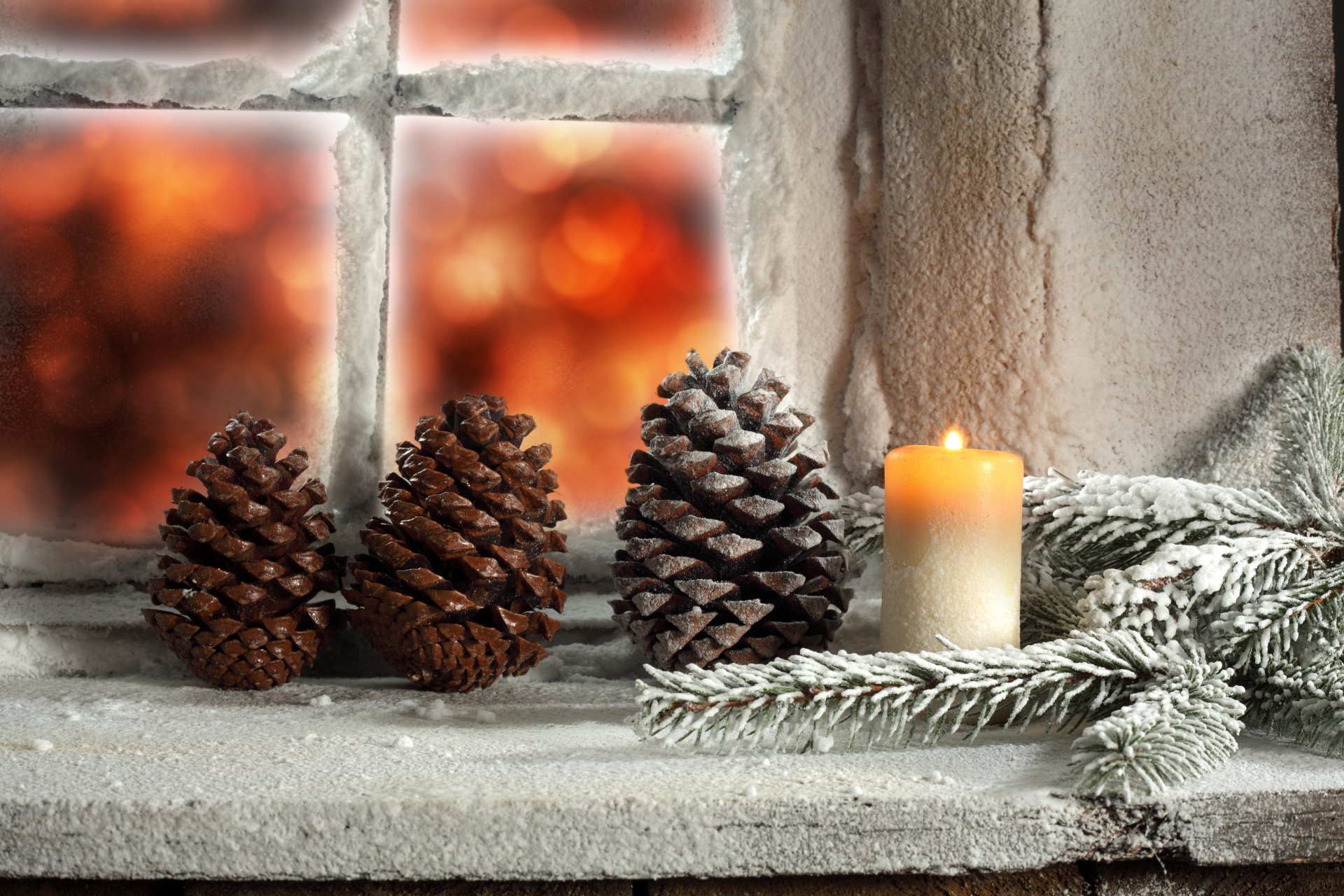 holidays christmas fir cone snow candle window light winter merry christmas spruce cone candles winter