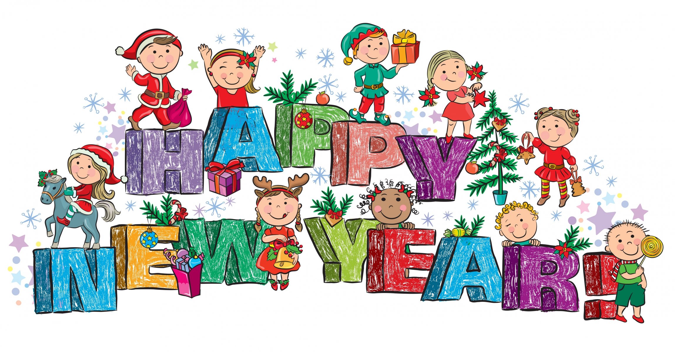 happy new year children toys gifts christmas tree