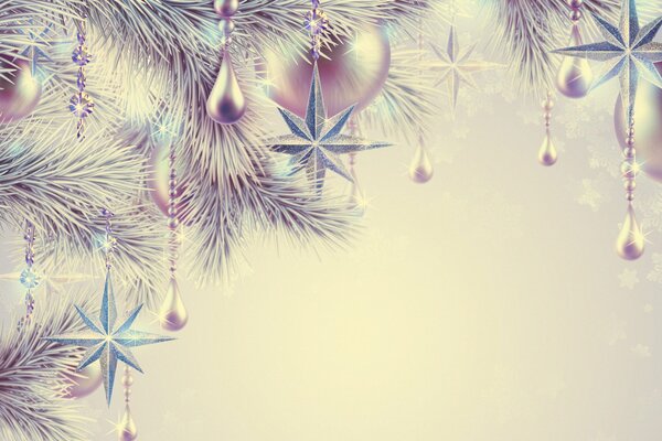 Sparkling balls and stars hang on the branches of the fir tree