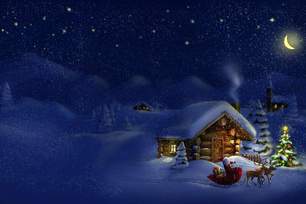 A snow-covered hut in the forest for Christmas