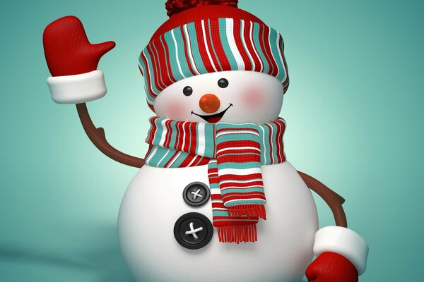 A cheerful winter snowman in a Red Hat