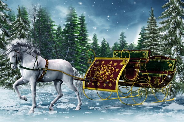 Ein weißes Pferd, das einen reichen goldenen Wagen durch einen schneebedeckten Nadelwald trägt