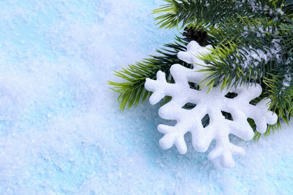 Snowflake on the background of a fir branch