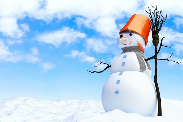 Fröhlicher Schneemann mit Besen und orangefarbenem Eimer auf dem Kopf