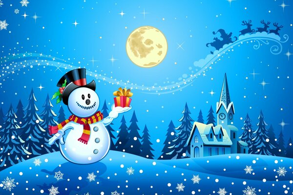 A snowman with a gift looks at the night sky