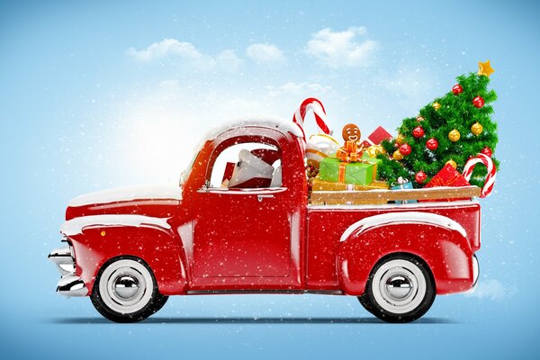 Camion de Noël chargé de cadeaux et de sapin de Noël