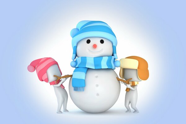 Pupazzo di neve in cappello blu e sciarpa fatta da bambini in cappelli