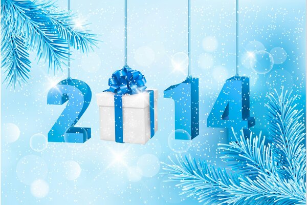 Neujahr 2014 Hintergrund im blauen Stil mit Tannenzweigen und mit Geschenk