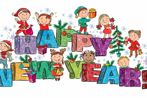 Napis Szczęśliwego Nowego Roku z zabawkami i dziećmi