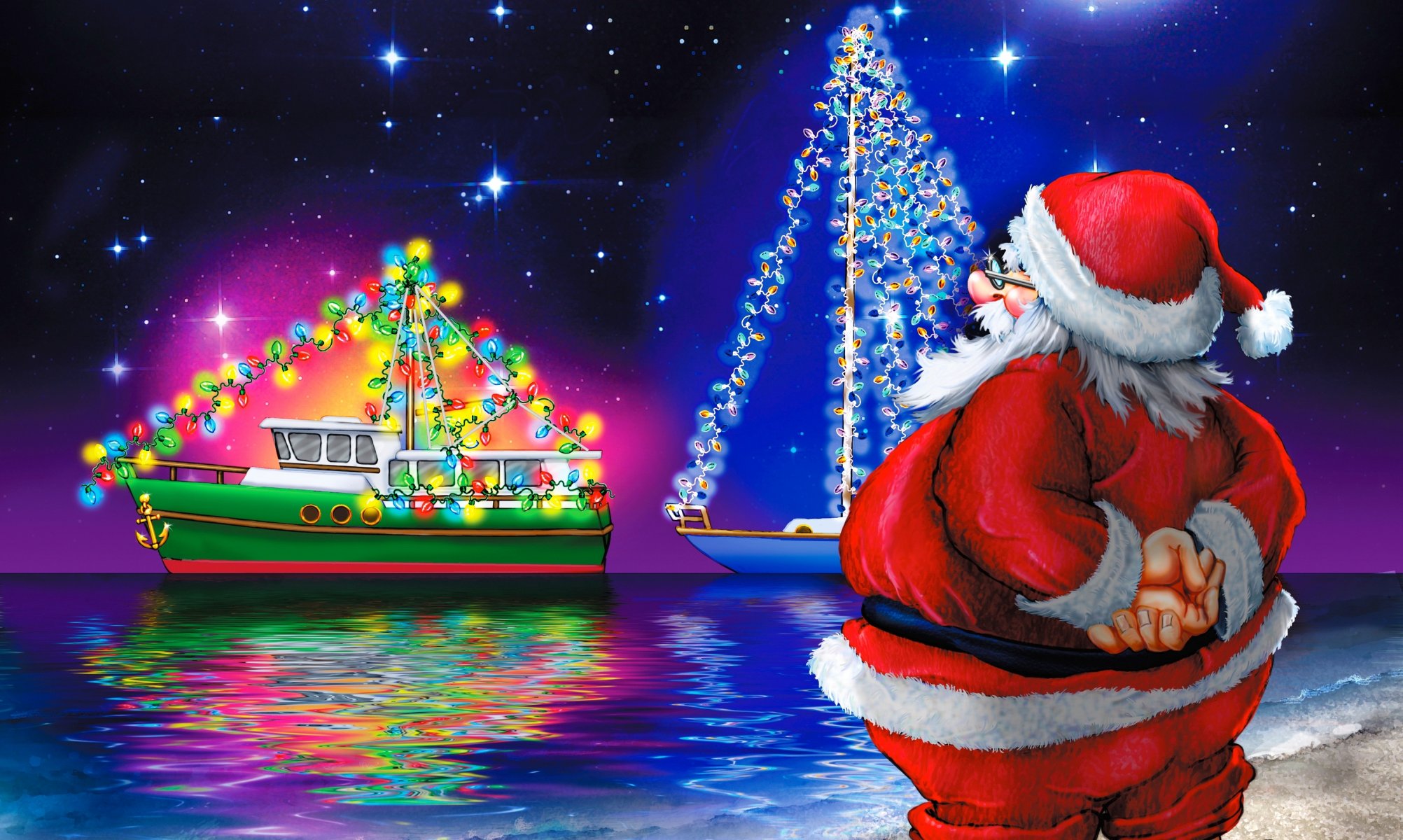 felice anno nuovo capodanno babbo natale yacht luci cielo stelle riflessi riva